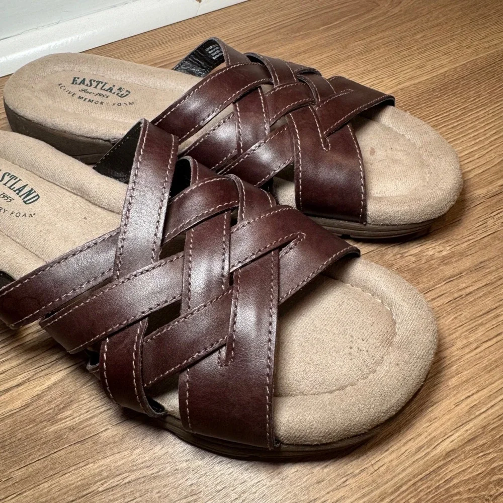 Eastland Brown Leather Woven Slide Sandals Womens 10M Memory Foam Boho Comfort